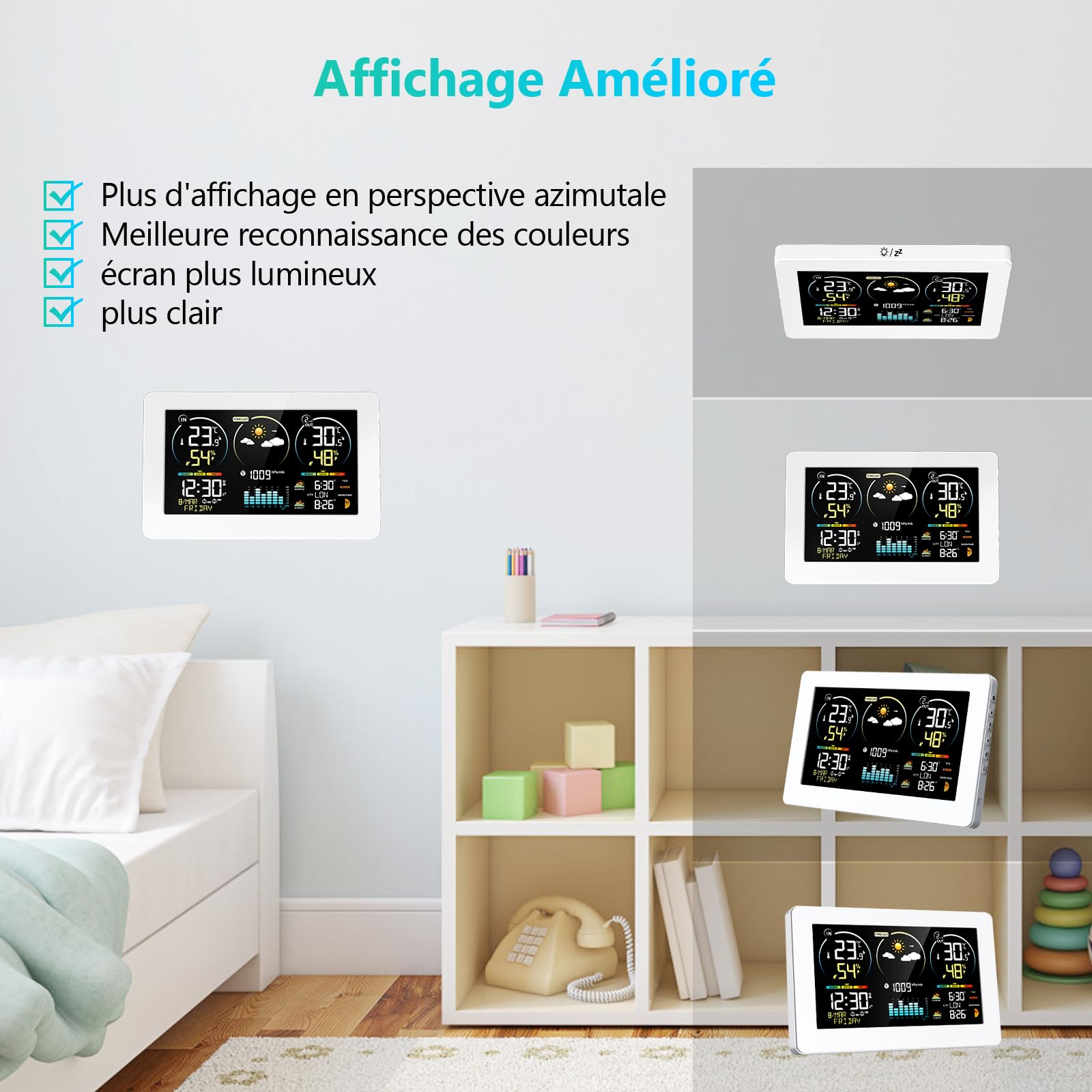 Station Météo Intérieur Extérieur Sans Fil avec 1 Capteur Extérieur | Thermomètre Hygromètre Digital, Écran LCD Couleur, Horloge Radio-commandée, Réveil Snooze, Calendrier, Prévisions Météo