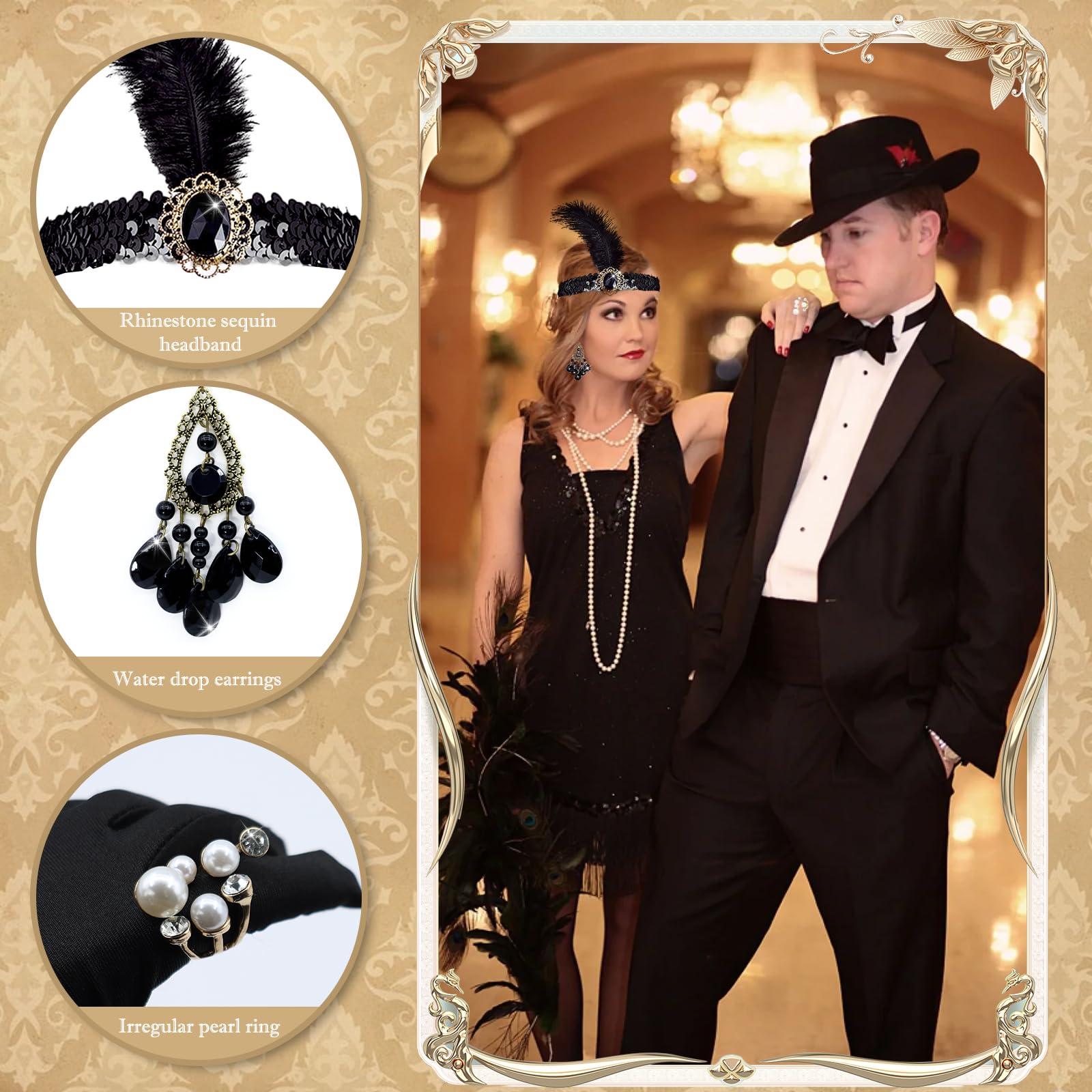 Sekepingo 1920s Accessories for Women Great Gatsby Flapper Shawl with Sequins 8 Pieces Accessories Set Peaky Blinders Costume with Headband Gloves Necklace Earrings Lace Fan for Party Black - Image 3
