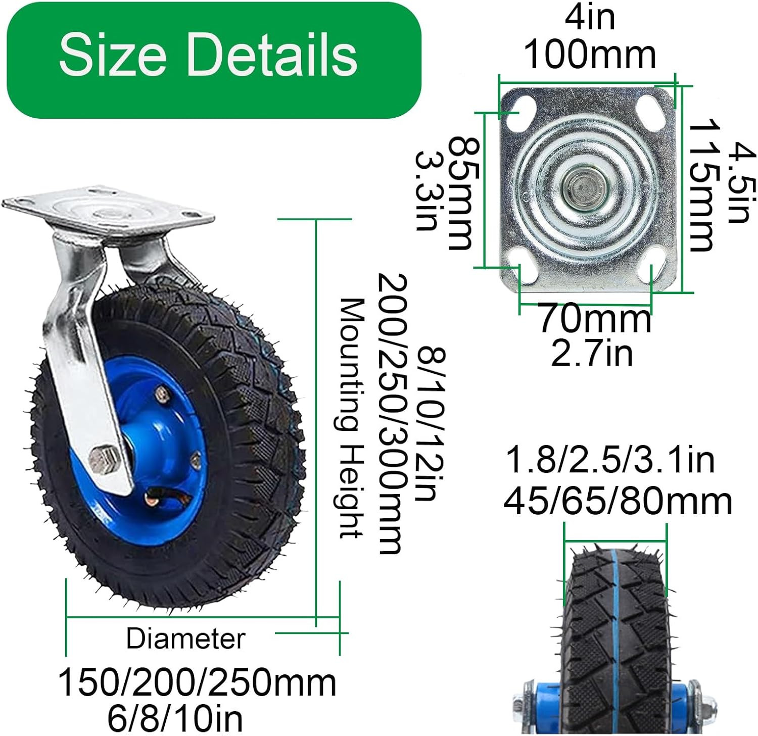 Replacement Foot Wheel for Hand Trucks and Wheelbarrows, Swivel Caster, Fixed Caster, 2pcs, with Brakes Heavy Duty Caster, 6 Inch 8 Inch 10 Inch, Rubber Caster