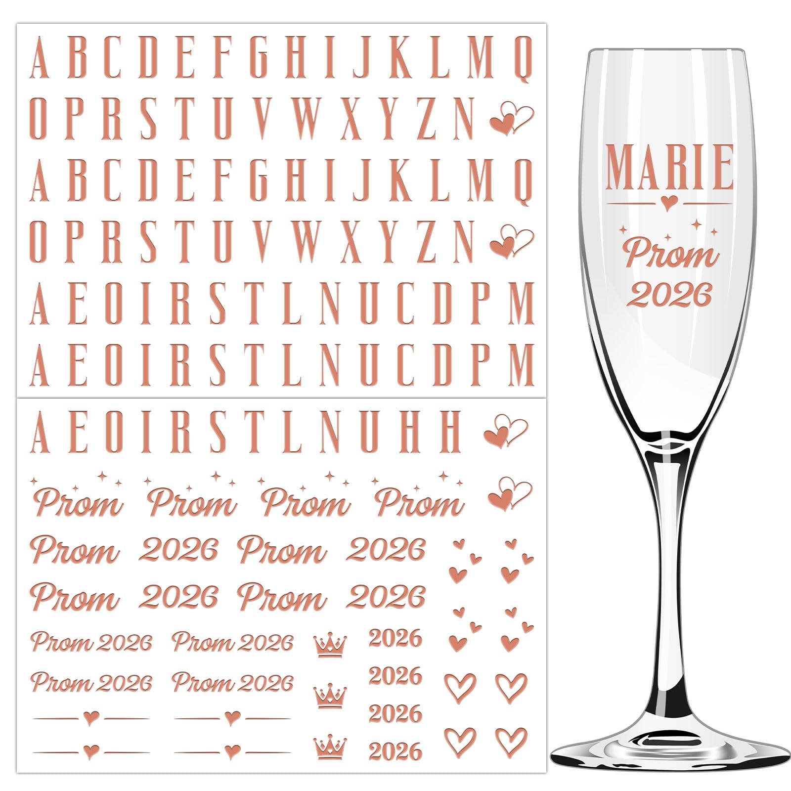 DOORIO 2 Sheets Prom 2026 Stickers, Rose Gold DIY Name Transfer Stickers for Champagne Flutes Initials & Prom 2026 Stickers for Glassss Decoration Prom Party Supplies