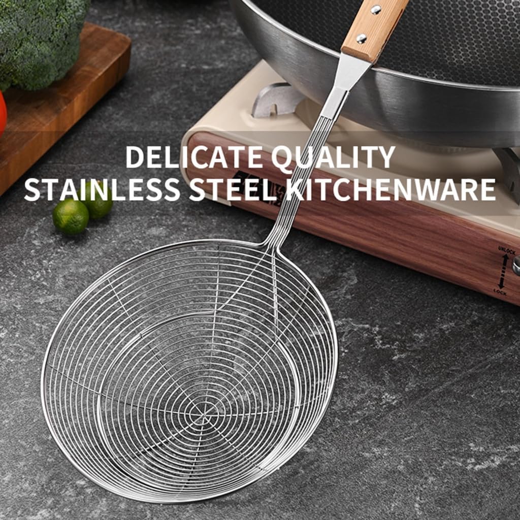 Stainless Steel Slotted Spoon Skimmer Ladle with Wood Handle for Cooking Use