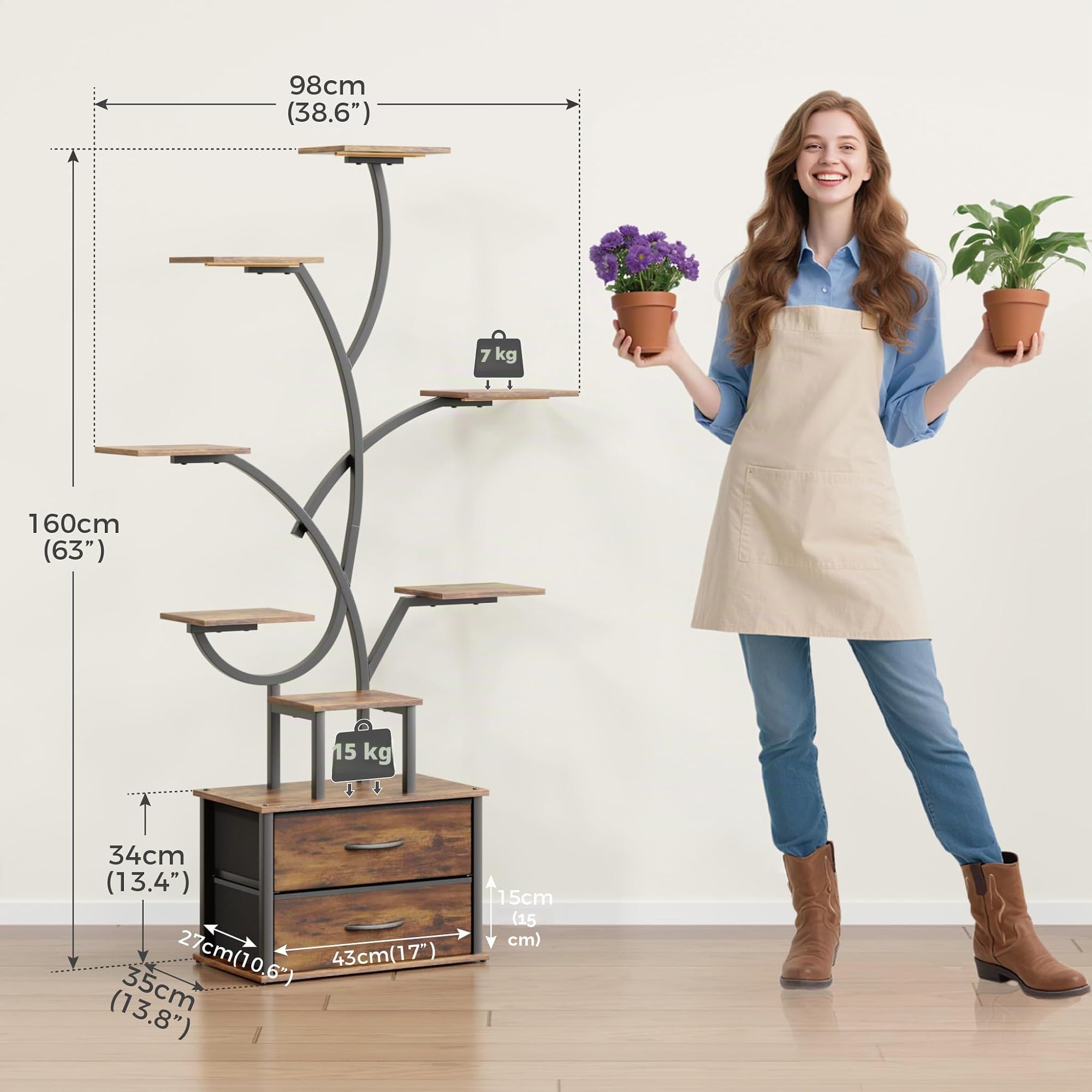 Mondeer Support de Plantes d'Intérieur avec Lumières de Croissance, Étagère d'Angle 9 Niveaux 160 cm avec 2 Tiroirs de Rangement, Luminosité Réglable & Minuterie, Présentoir Moderne pour Plantes - Sal