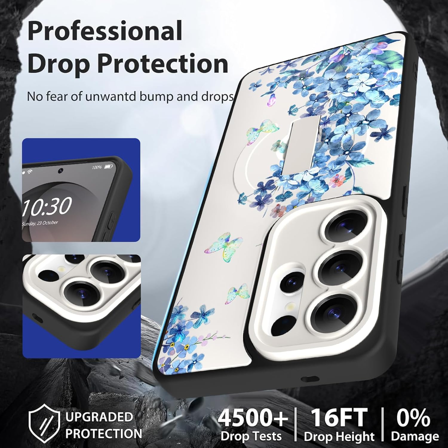 Magnetic Case for Samsung Galaxy S26 Ultra with Finger Hand Strap Kickstand[Compatible with MagSafe] Blue Floral Butterfly Pattern for Women Slim Full Camera Protection Shockproof Phone Case
