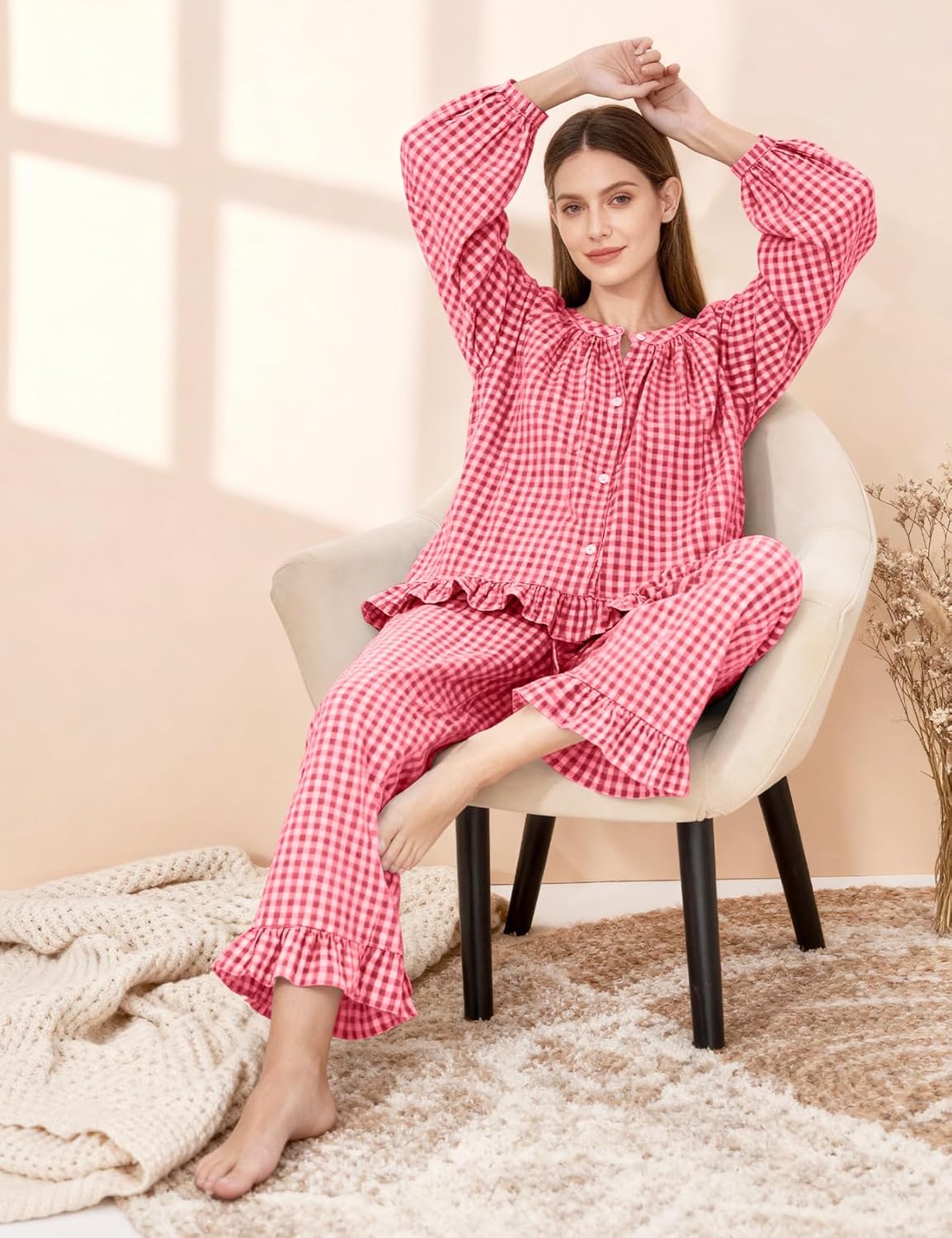 PEHMEA Women's Gingham Cotton Pajama Set Cute 2 Piece Plaid Ruffle PJs with Long Pants Button Down Top for Lounge Sleepwear - Image 5