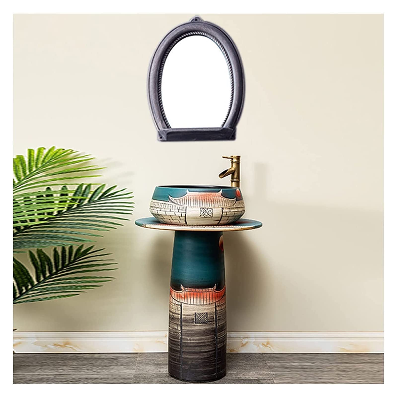 OLSKFUH Freestanding Pedestal Sink Floor Standing Art Sink Pedestal Sink Art Bathroom Sink Vessel Sink Combo Toilets Basins Handmade Ceramic Basin Sink, Pedestal Washbasin For In,Green-With Mirror