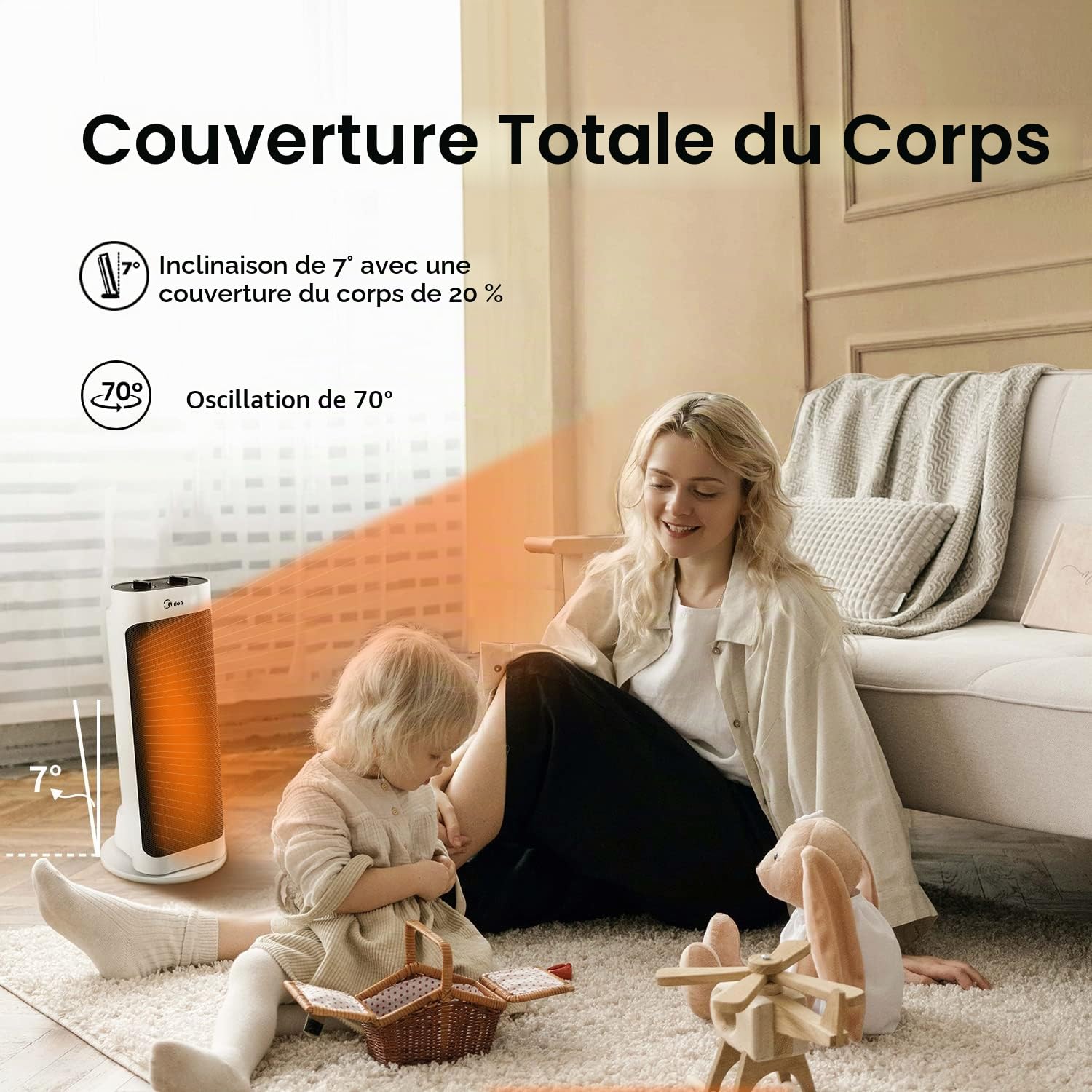 Midea NTH20-19JE Chauffage électrique faible consommation radiateur ventilateur 2000 W technologie céramique silencieuse, 2 niveaux de température, thermostat d'ambiance
