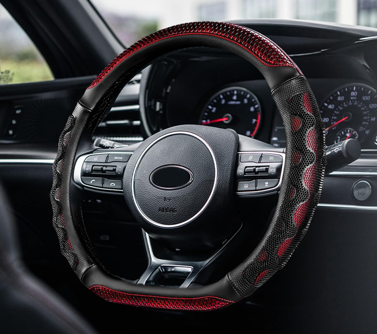 Car Steering Wheel Cover, D Shaped Steering Wheel Cover, 15 Inch Anti-Slip Leather Vehicle Protector with 3D Honeycomb, Car Interior Protective Guard Accessories for SUV Sedan Truck (Red)