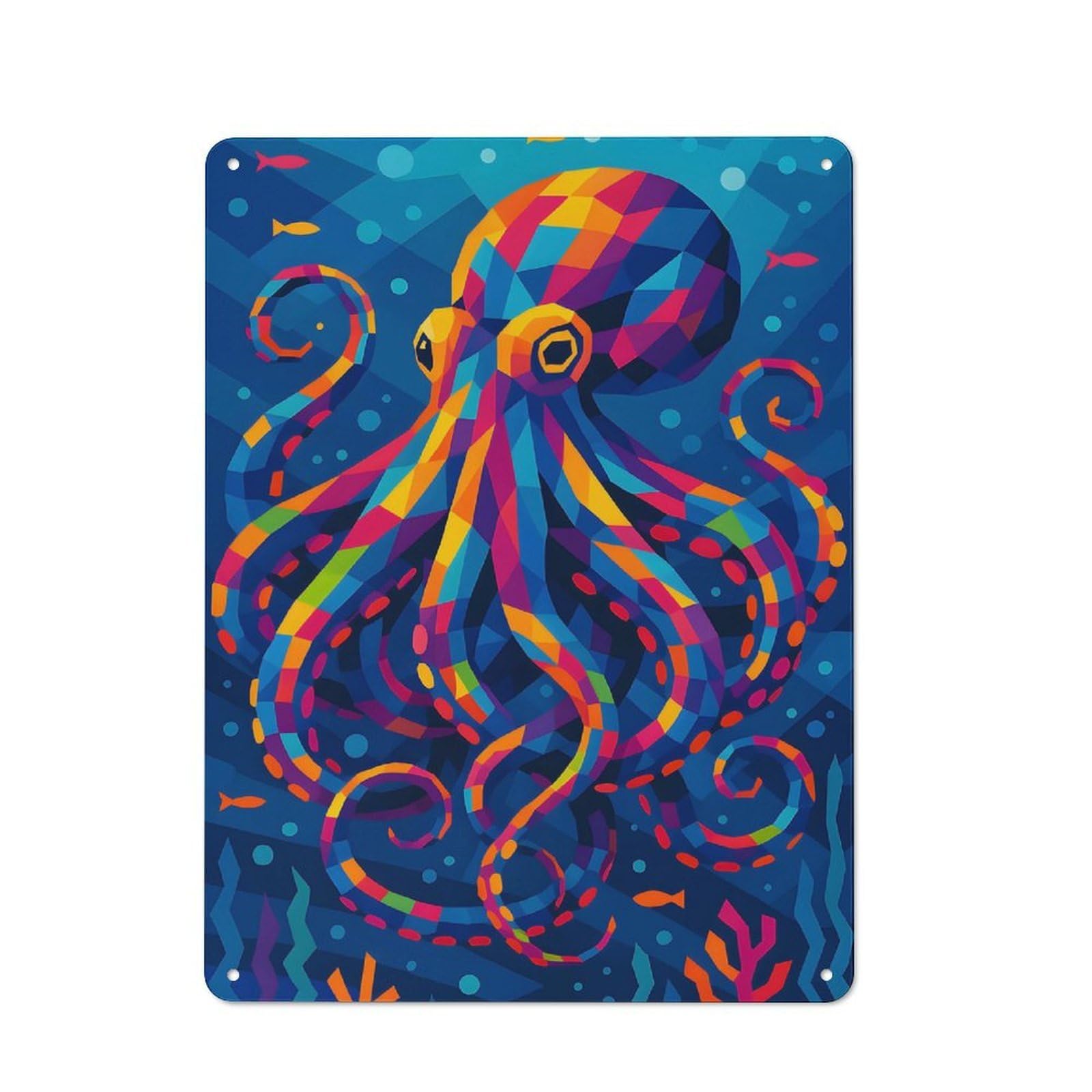 Junmoney Style-20 Tin Wall Plaque 40X30cm With Colorful Geometric Octopus In Blue Sea For Hobby Room Or Studio, For Kitchen, Dining Room And Home Bar Wall Decor