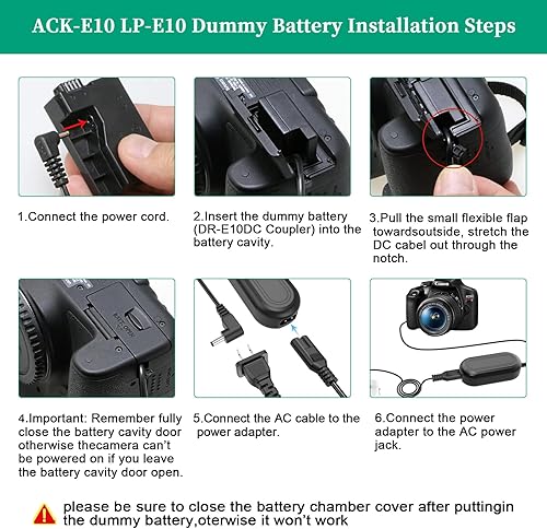 Miniatura 3 de TKDY ACK-E10 EOS Rebel T7 Fuente de alimentación continua LP-E10 Batería simulada DR-E10 Kit de acoplador DC para Canon EOS T7 T6 T5 T3, Kiss X50