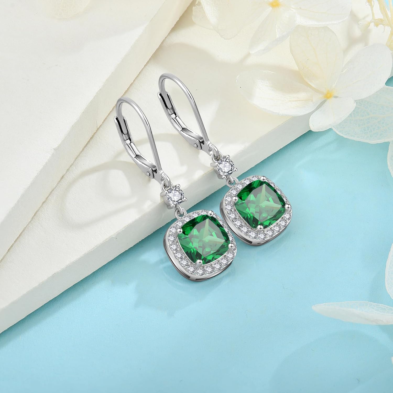 Women Leverback Earrings 925 Sterling Silver Princess Cut Halo Earrings Birthstone Dangle Drop Earrings for Women Her Mom Wife
