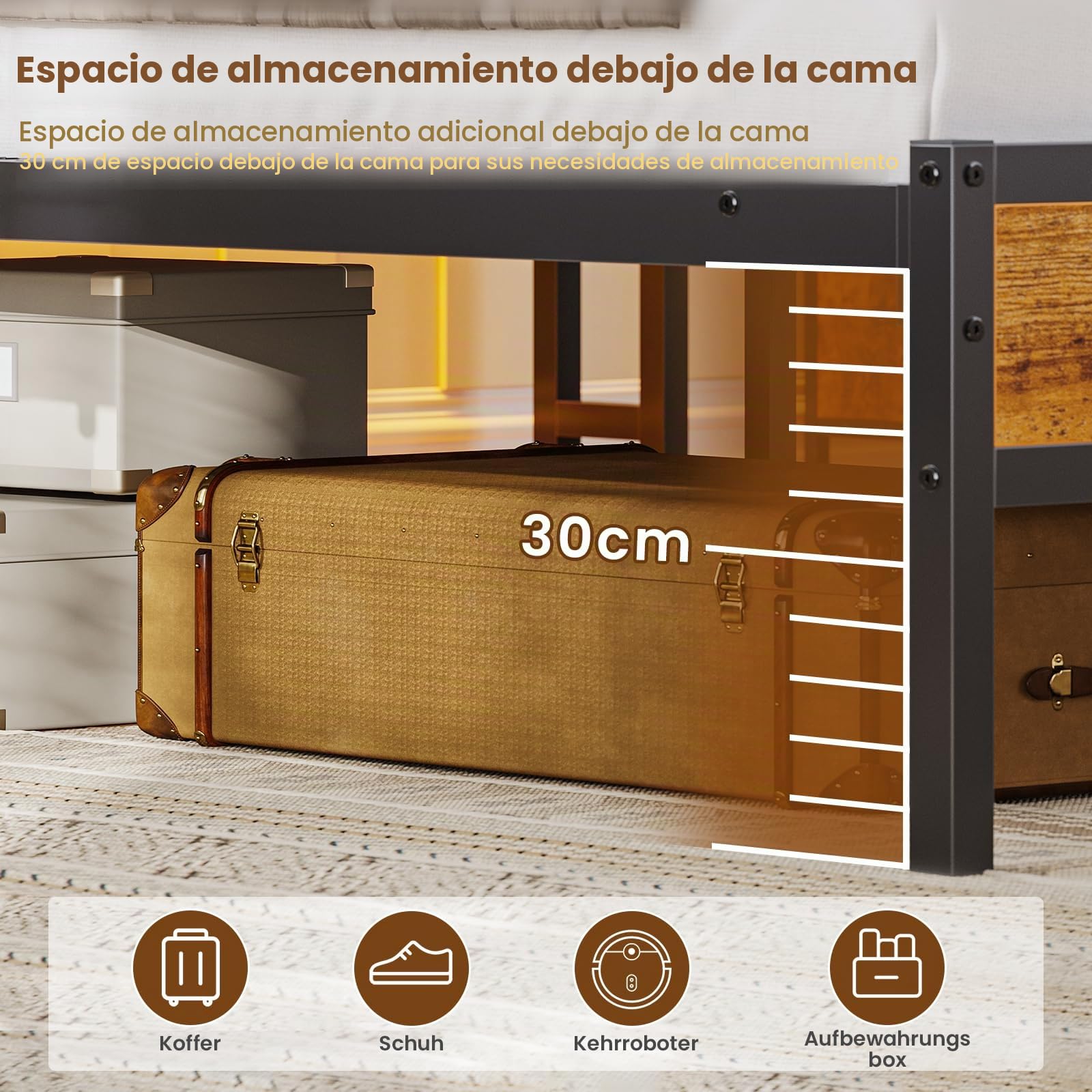 Cama de 160 x 200 cm con somier de láminas de metal, estructura de cama de metal con enchufe y función de carga USB, cama doble con espacio de almacenamiento, cama para dormitorio y habitación de
