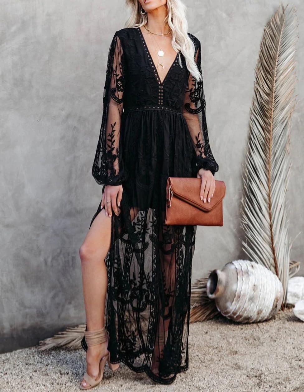 LRISES Womens V Neck Floral Embroidered Lace Wedding Maxi Dress Boho Short Sleeve Slit Bridesmaid Evening Party Dresses - Image 4