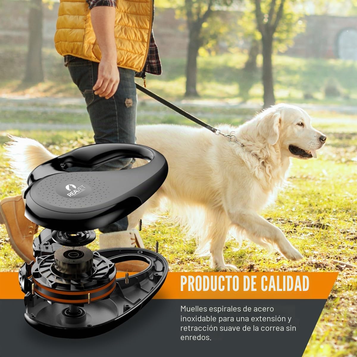 ReaVET Rollleine Hundeleine extensible 8m para perros grandes (XL) | Mango ergonómico y antideslizante | Correa de perro retráctil, correa extensible robusta con sistema de parada de freno | Correa de