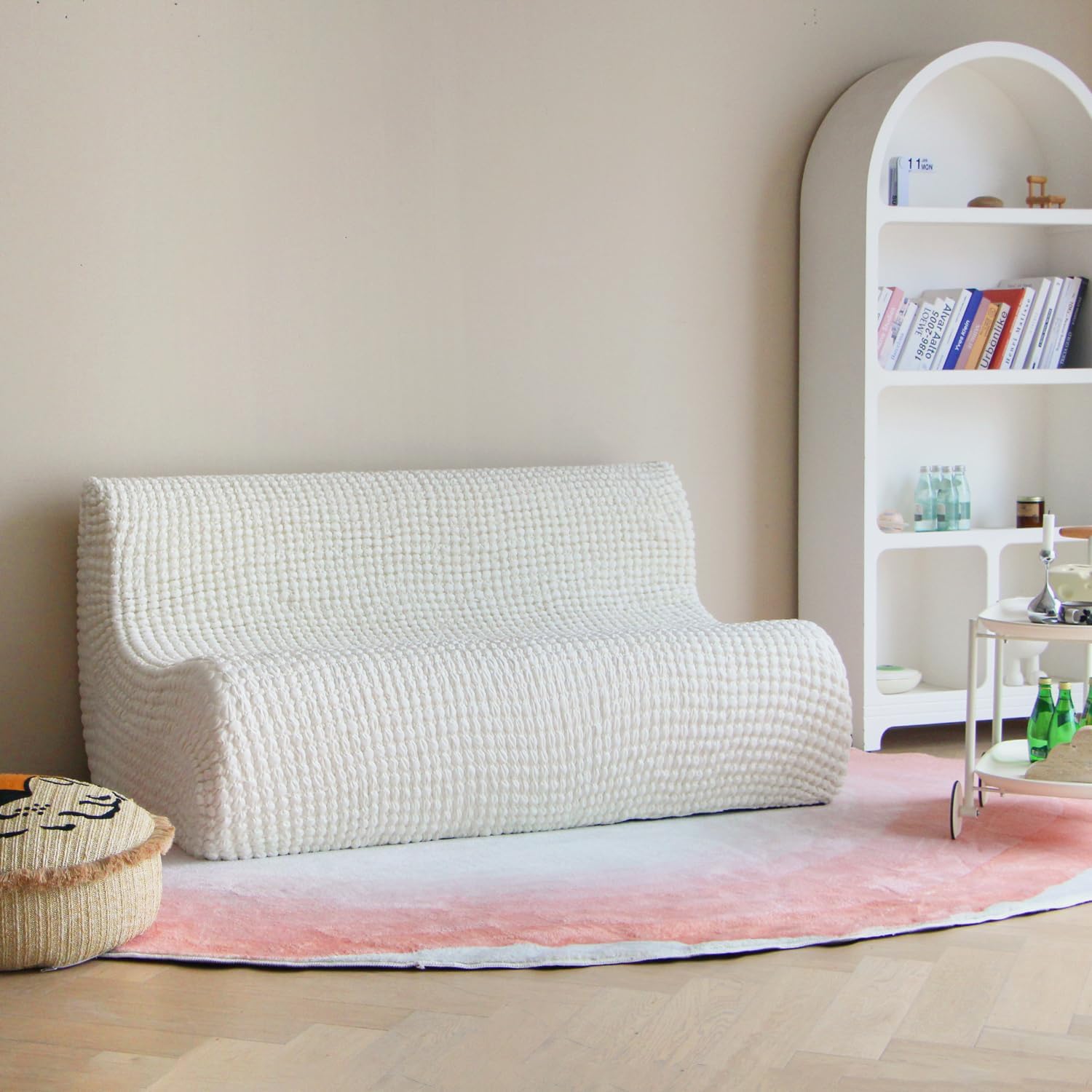 N&V Single Foam Three Seater Sofa, 60 Inch Wide Armless Floor Sofa, One Piece High Density Foam, Removable and Machine Washable Cover, Ivory