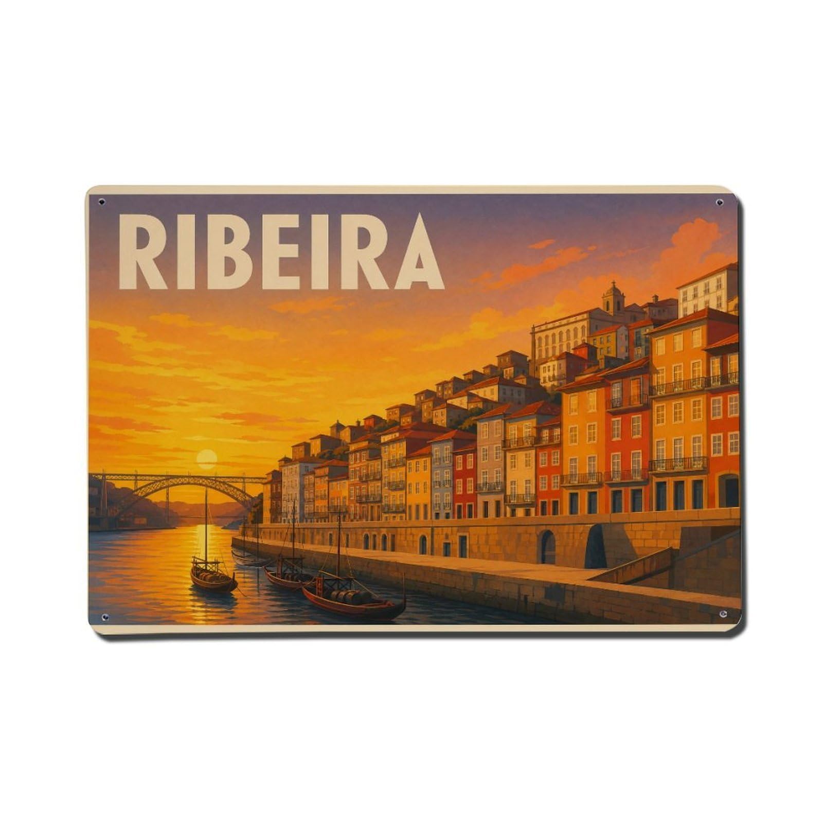 Huiyhb 8X12inch(20X30cm) Vintage Travel Ribeira Sunset Golden Hour Glow Portugal Metal Tin Sign