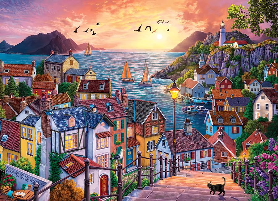 Amazon.com: Cobble Hill 1000 Piece Puzzle - Coastal Town at Sunset
