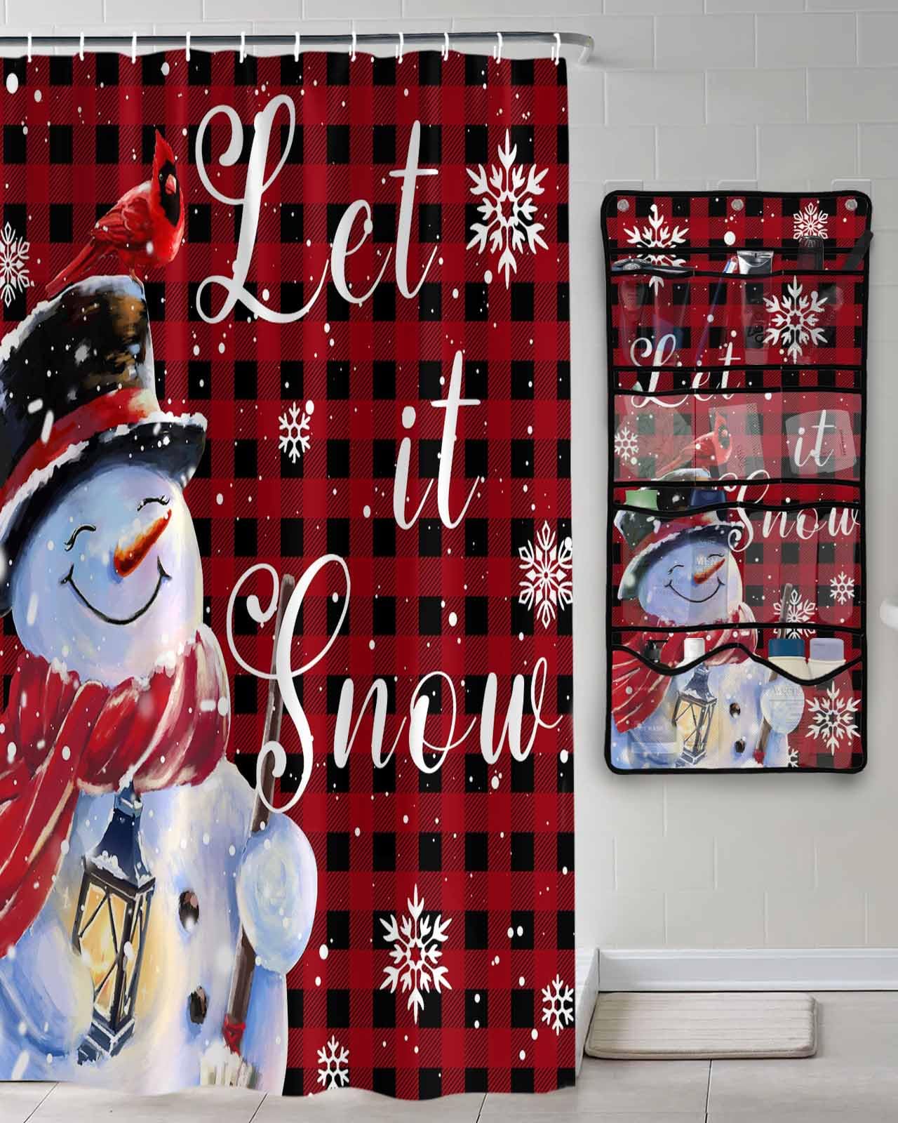 Shower Curtain Mesh Shower Organizer Hanging Set Christmas Snowman with Bird Black and Red Buffalo Plaid Waterproof Shower
