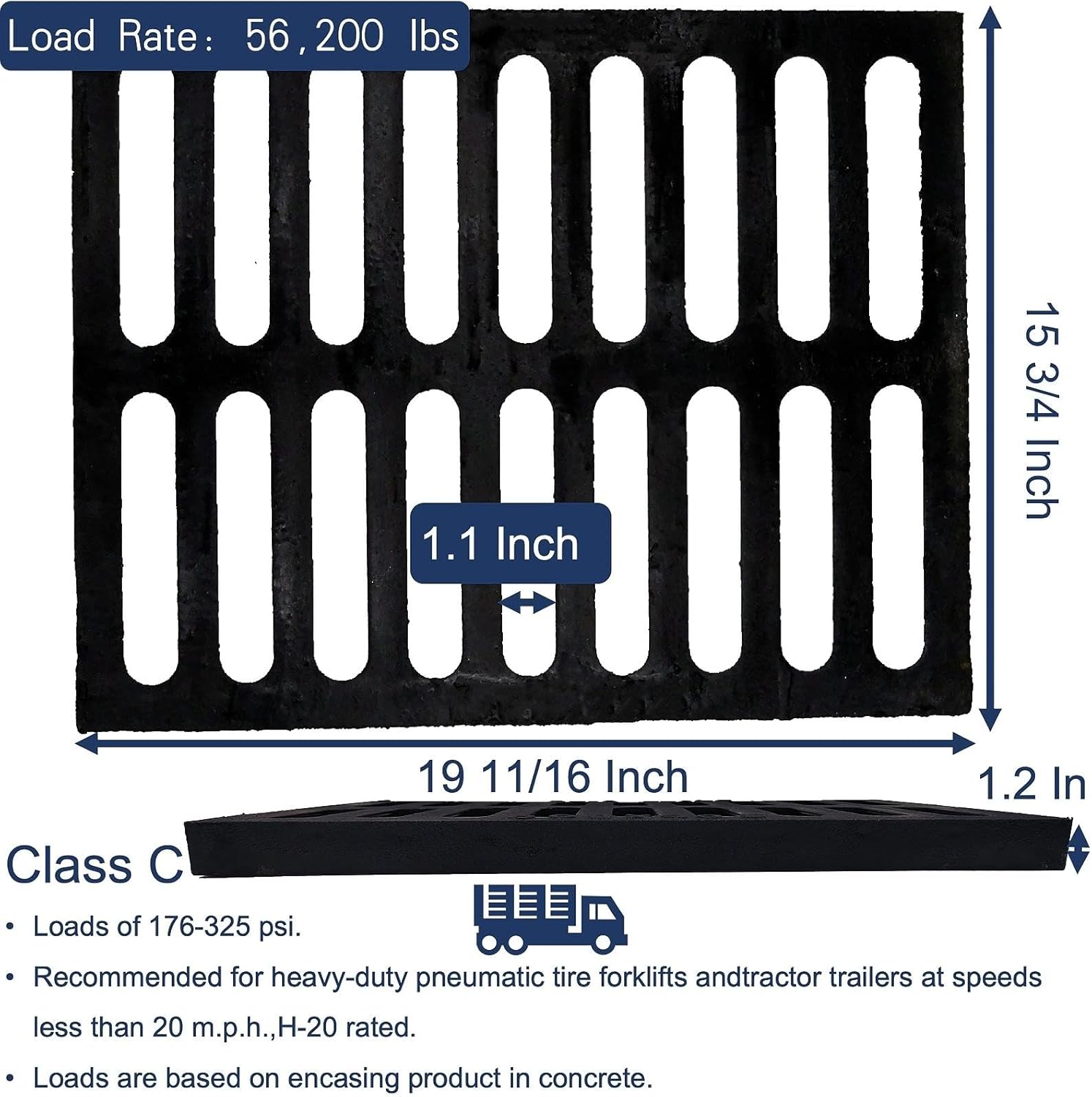 Cast Iron Drain Grate 20x16 in, C-Class 56200 lbs Heavy-Duty Driveway Channel Cover, Outdoor Trench Drainage Grate, Black Rectangle Metal Sewer Cover for Garage (True 19.7x15.7)