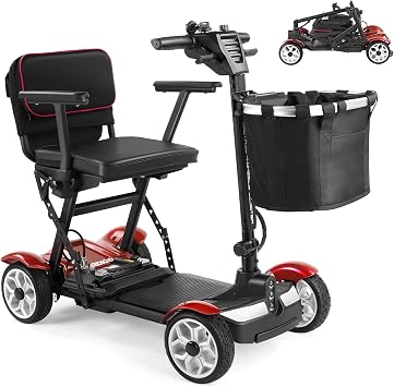 Mobility Scooters for Adults,4 Wheel Folding Adult Mobility Scooter,270W Electric Powered Wheelchair Equipped with Removable Battery, Max Speed 4.3MPH,Max 25Miles Long Range Red-270W 24V 16AH