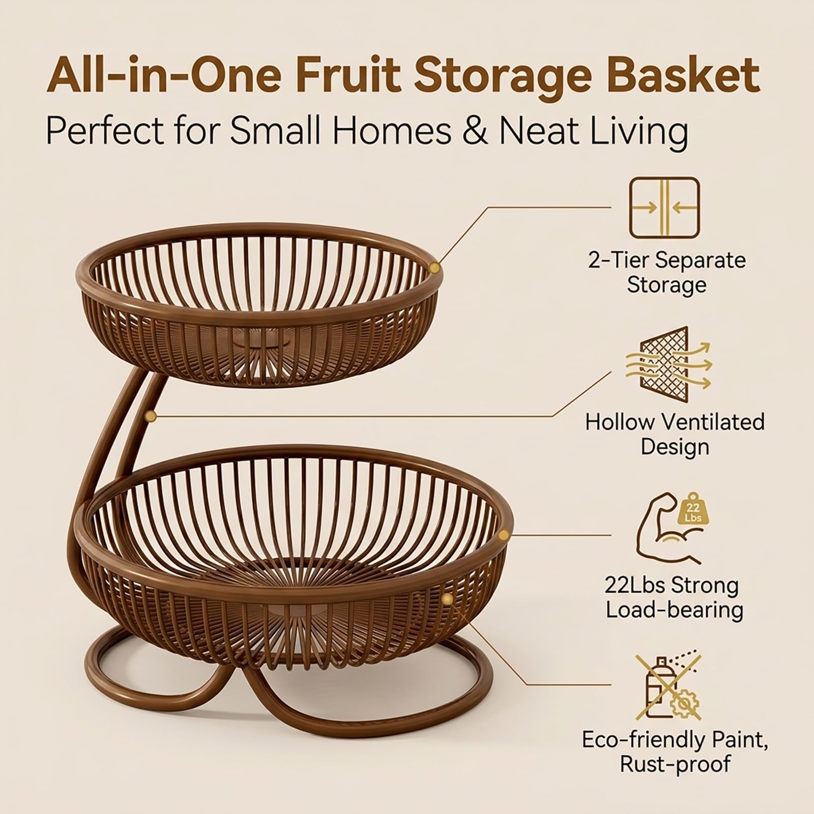 Fruteros de Cocina 2 Pisos Metal Lacado Frutero para Encimera Diseño de Una Sola Pieza Base Estable Cesta Frutas Organizador Verduras(Gold,X-Large)