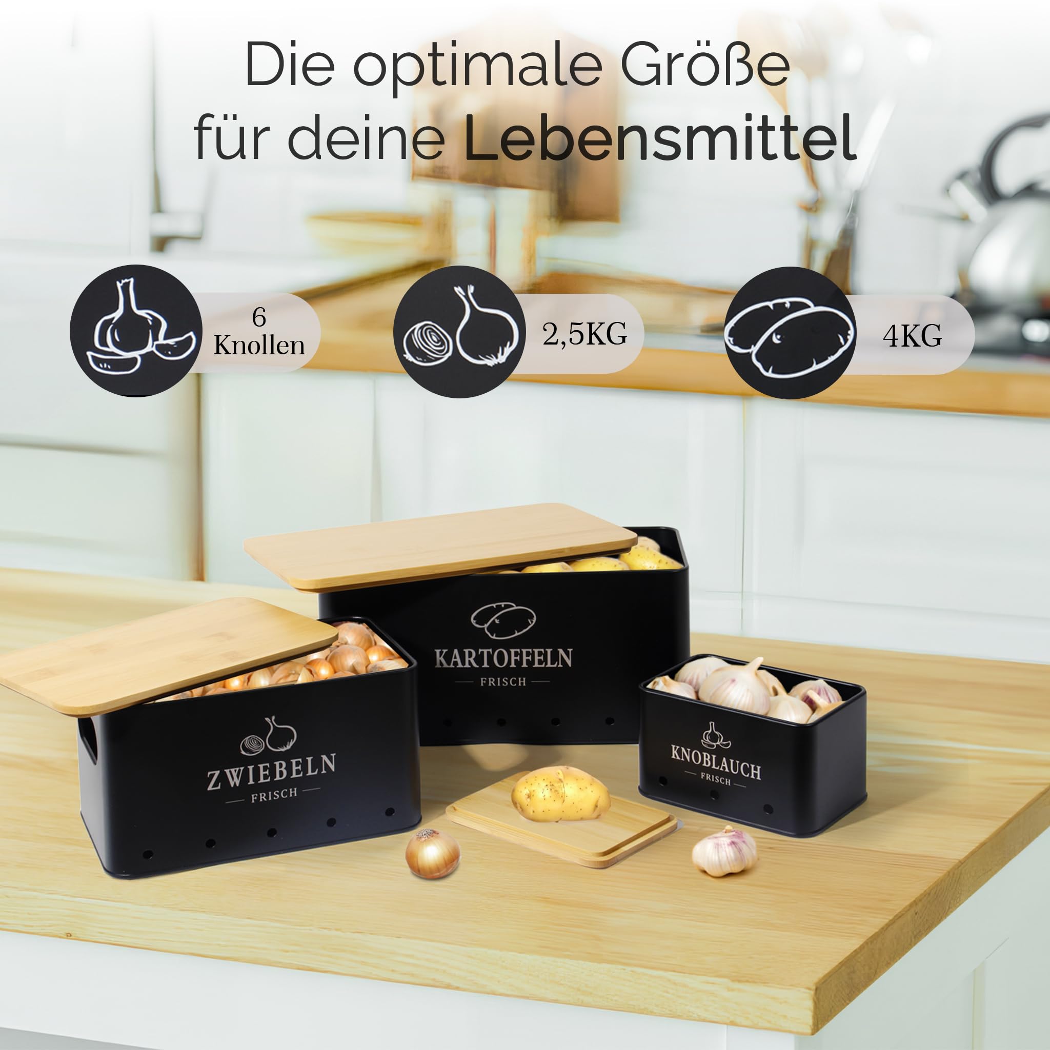 GREELUE Kartoffel Aufbewahrungsbox 3er Set, 360° Luftzirkulation für längere Frische, Für Zwiebeln, Kartoffeln, Knoblauch Schwarz