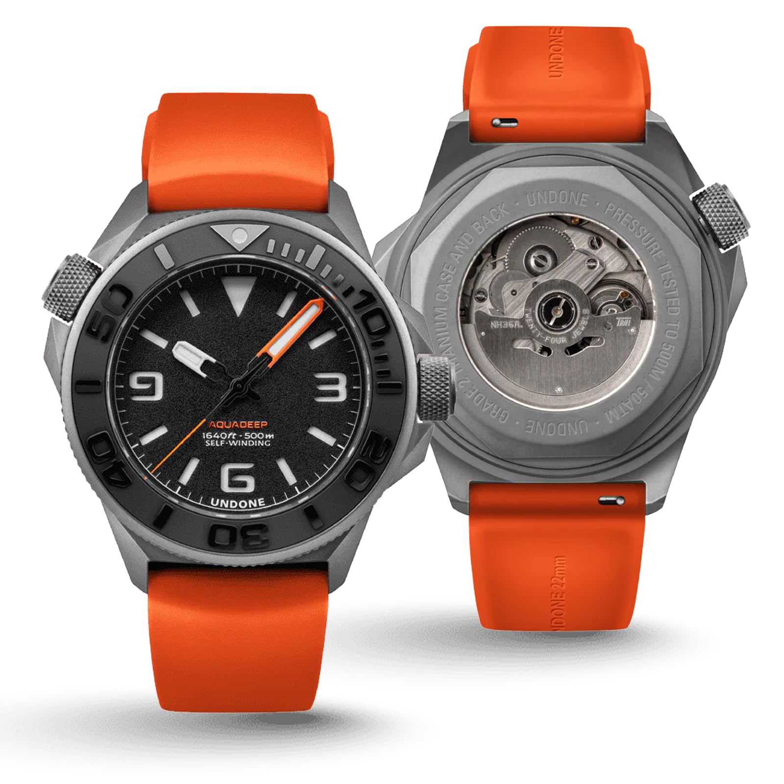 Undone Aquadeep - Reloj de Pulsera automático para Hombre, 43 mm, 500 m, Resistente al Agua, Correa de Goma, Titanio, 43mm, Reloj de Buceo