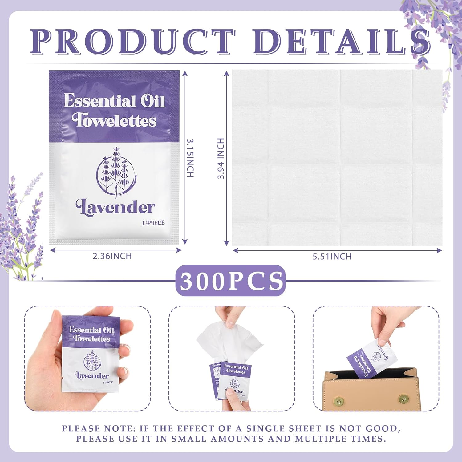 Threlaco 200 Pcs Lavender Wet Wipes Individually Wrapped Moist Towelettes Essential Oil Hand Wipes Bulk Single Use for Travel Clean Hands Sensitive Skin Backpacking Anti-sensitive Wipes Camping