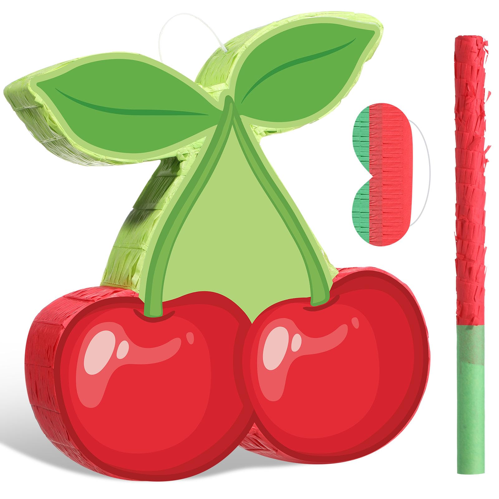 Capoda Piñata de cereza para niños y niñas, juegos de piñata con lazo verde, bayas, con palo, venda para los ojos, diseño de cerezas rojas mexicanas, cumpleaños, baby shower, fiesta, suministros de