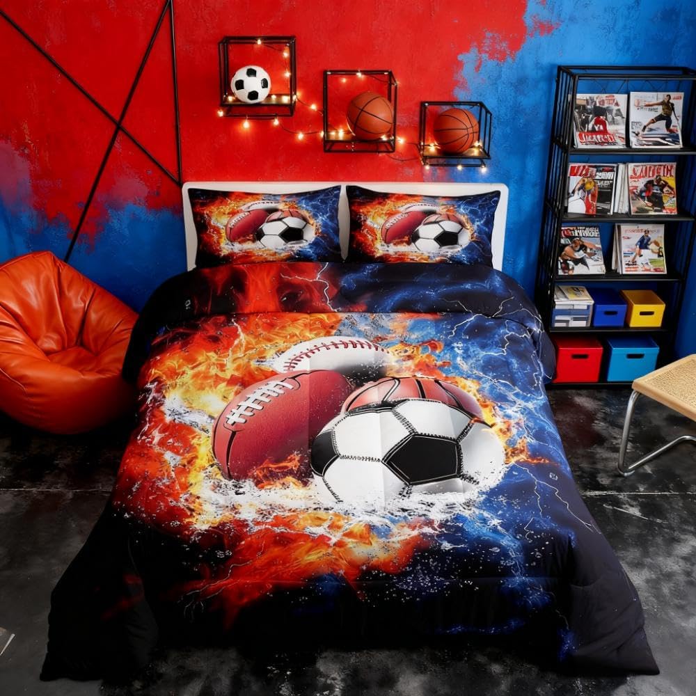 Feelyou Sports Comforter Set for Boys Comforter Set Twin Size Football Baseball Bedding Set for Kids Ultra Soft Ball Games Bedroom Decor with 3D Soccer, Basketball Design