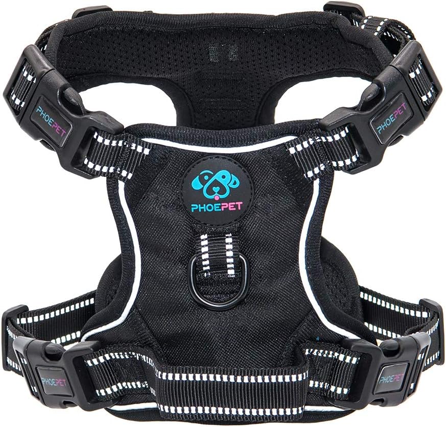 PHOEPET Updated Adjustbale No Pull Dog Harnesses Reflective Puppy Vest +Handle +4 Snap Buckles +2 Metal Hooks for Small Dogs[Easy to Put on & Take Off] (XS,Black)