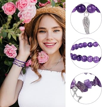 Amethyst Crystal Stone Bracelets, 3Pcs Natural Healing Gemstone Elastic Beads Chain Jewelry with Alloy Pendant, Purple Handmade Good Luck for Girls Women