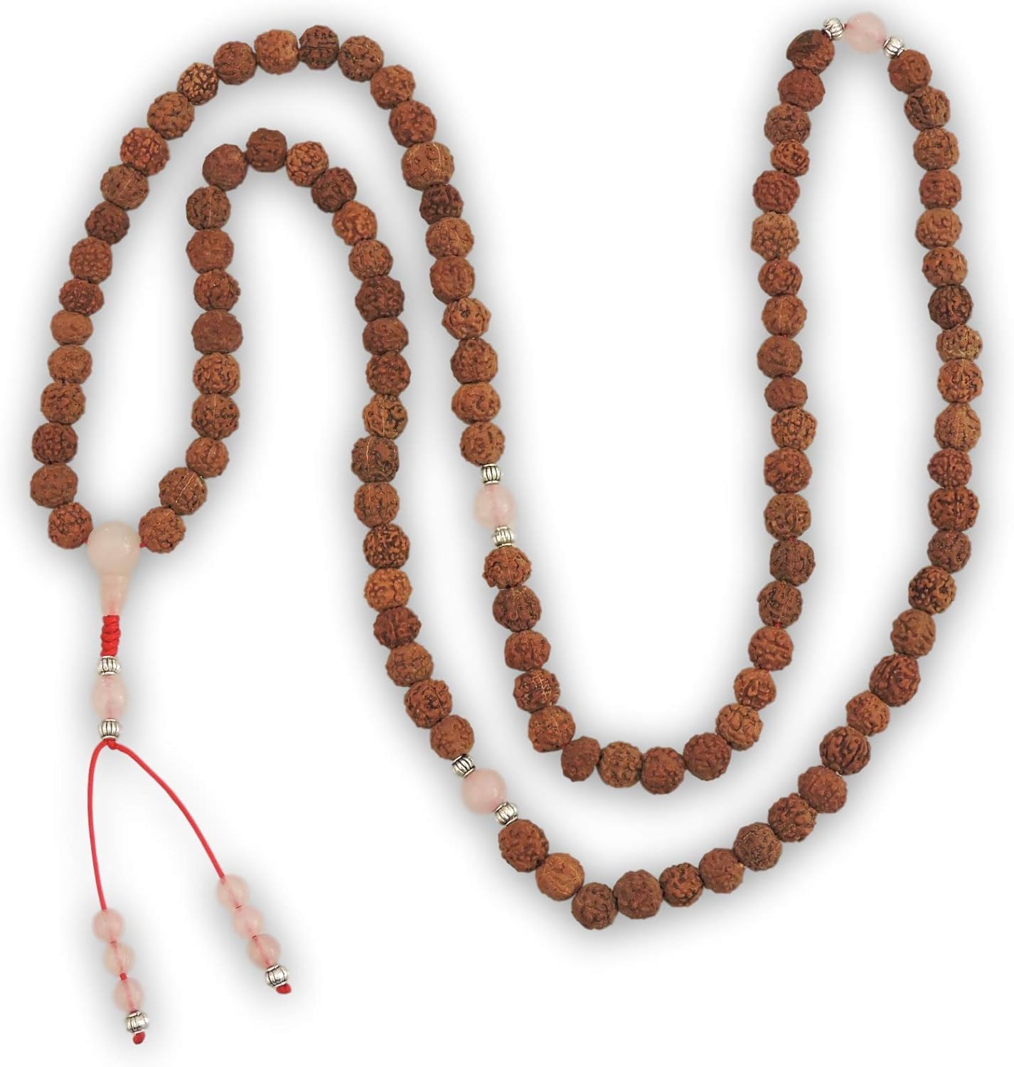 Hands Of Tibet Rudraksha Mala 108 Beads Necklace, Yoga Healing Natural Himalaya Seed Beads for Meditation, Prayer, Necklace, Wrist Mala Wrap Bracelet (Rose Quartz Spacers)