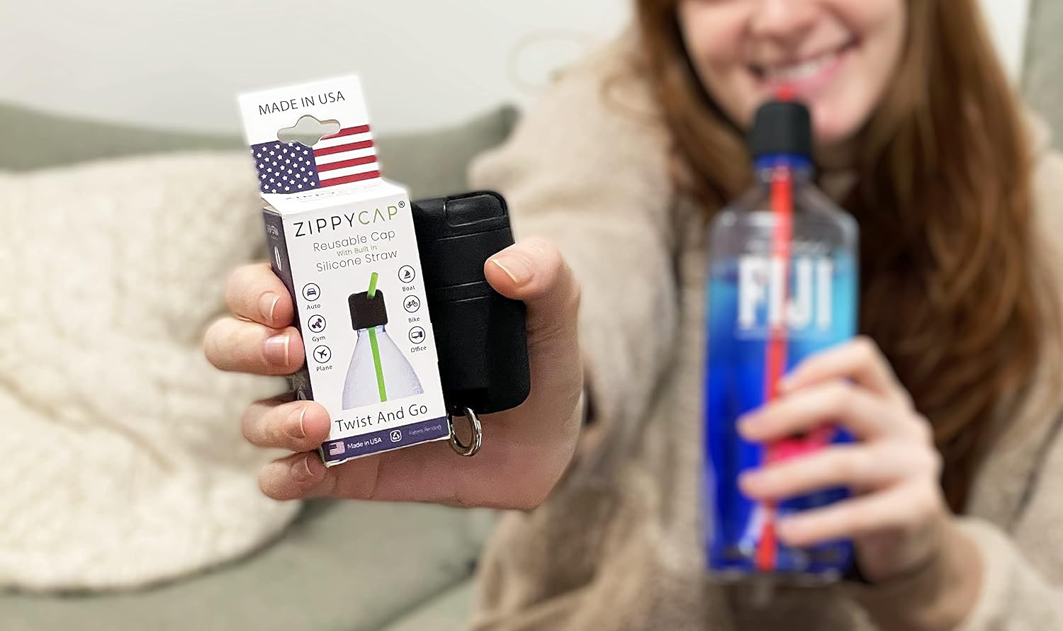 Reusable Silicone Straw | Built-in Universal SpillProof Twist Cap | Green Straw | Two Pack