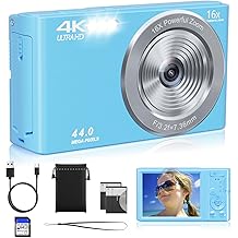 Digital Camera, YouTube Autofocus 4K Vlog Camera for 44MP FHD Camera, 16x Digital Zoom Cheap Points & Shoots Digital Camera with 64GB Card Children Boys Girls Teens Adults Beginners 2 Batteries Blue