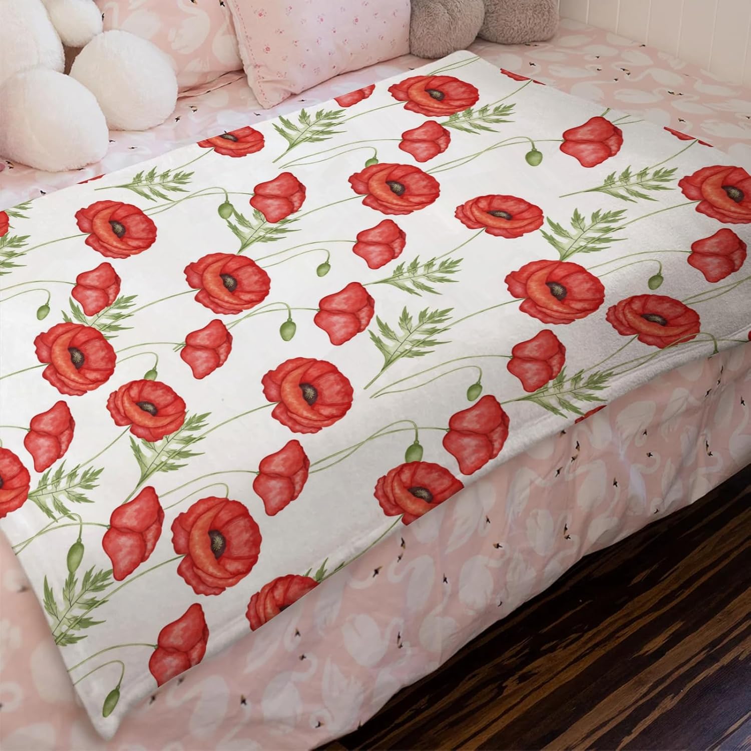 Boho Retro Poppy Flowers Leaves Baby Blanket for Girl Boy - Red Floral Spring Blossom Swaddle - Wild Plants Receiving Blanket for Toddler Newborn - Nursery Crib Bed Daycare Playmat 60x80