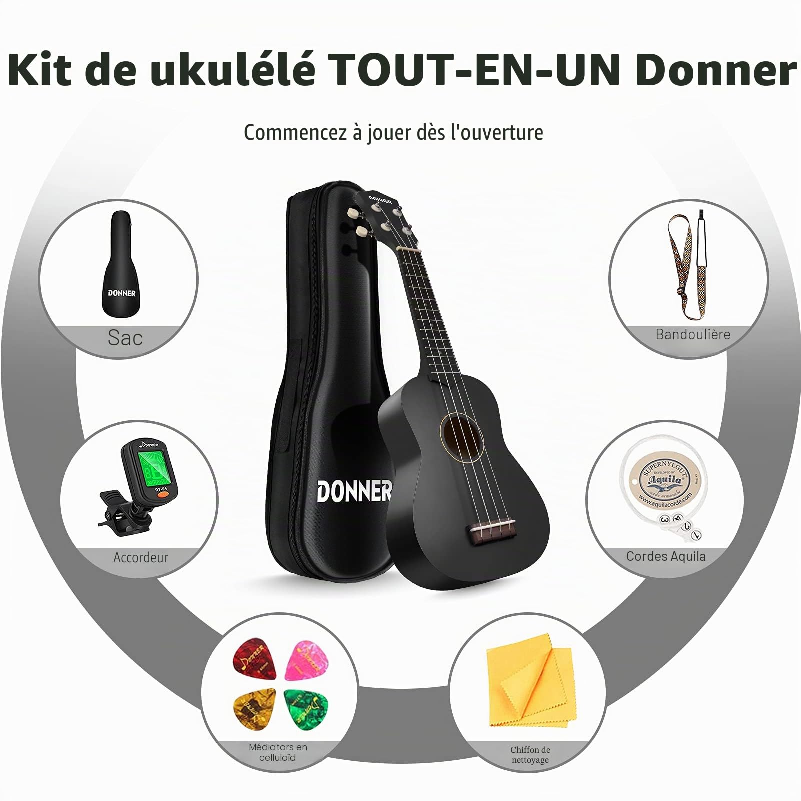 Donner Ukulélé soprano pour débutants adultes et enfants avec sangle de sac de cours en ligne gratuite, chiffon de médiator DMU-01 mat de 53,3 cm - Série Macaron - Noir