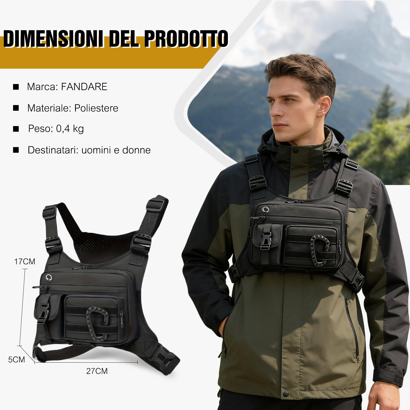 FANDARE Borsa Gilet Da Corsa Anteriore Antifurto Zaino Monospalla Borsa a Tracolla da Ascella per Uomo Donna Borsello Doppia Borsa a Spalla per Trekking Ciclismo Viaggio Moto EDC Zainetto