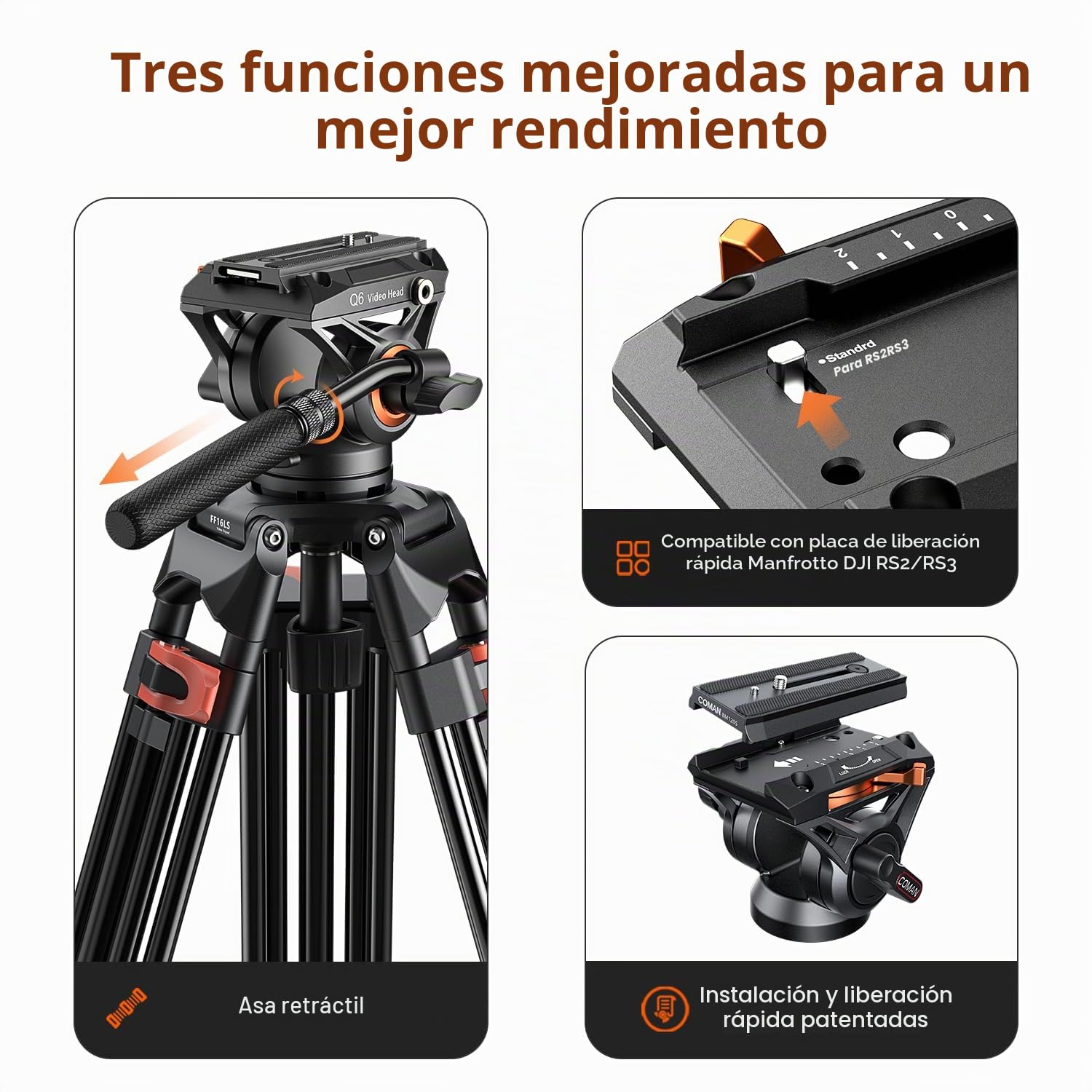 COMAN Trípode de cámara de 186cm Aluminio con cámara Tripod 360° Flexible Giro & +90°/-70° Inclinación, Trípode de vídeo Compatible con Cabezas dji RS, MAX Load 10 kg