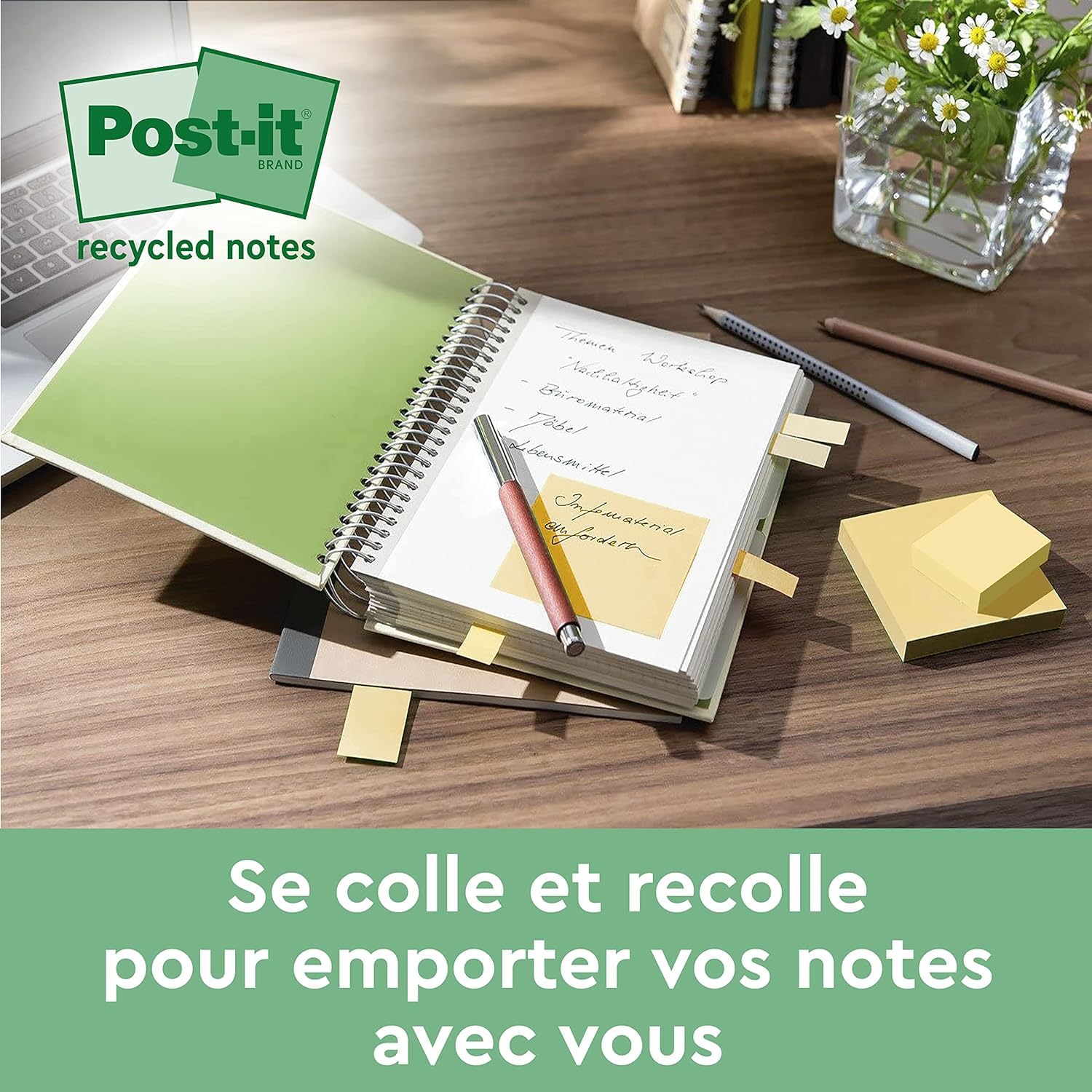 Post-it Notes Autocollantes, Recyclés - 16 Blocs, 100 Feuilles par Bloc, 76 mm x 76 mm - Feuillets Adhésifs pour Prise de Notes, Listes de Tâches et Rappels, Fabriqués à partir de Papier 100% Recyclé