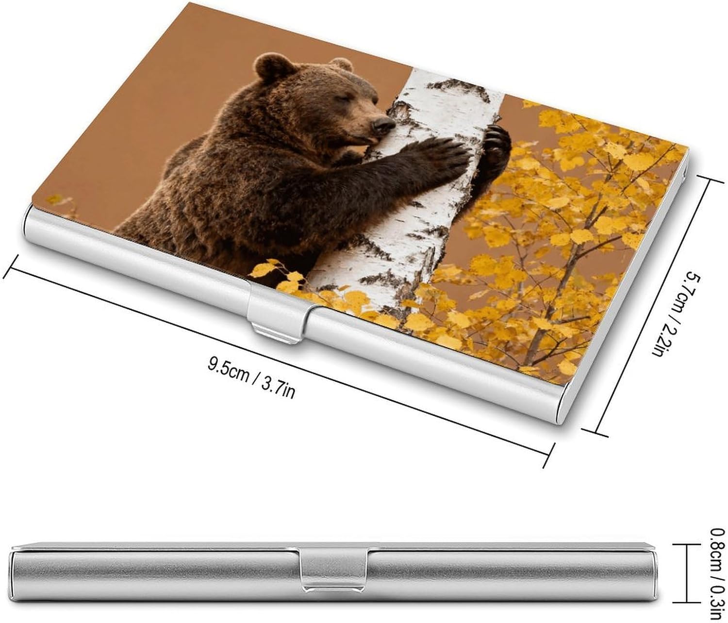 Brown Bear by Birch Tree Business Card Holder for Men And Women Professional Slim Business Card Case Pocket Size Aluminum Alloy Metal Case for Business Cards, Fits 15-20 Cards