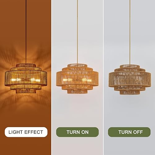 Miniatura 5 de Lámpara de araña grande de ratán bohemio de 25.59 pulgadas, de bambú, tejida a mano, lámpara de araña vintage de ratán dorado para comedor,