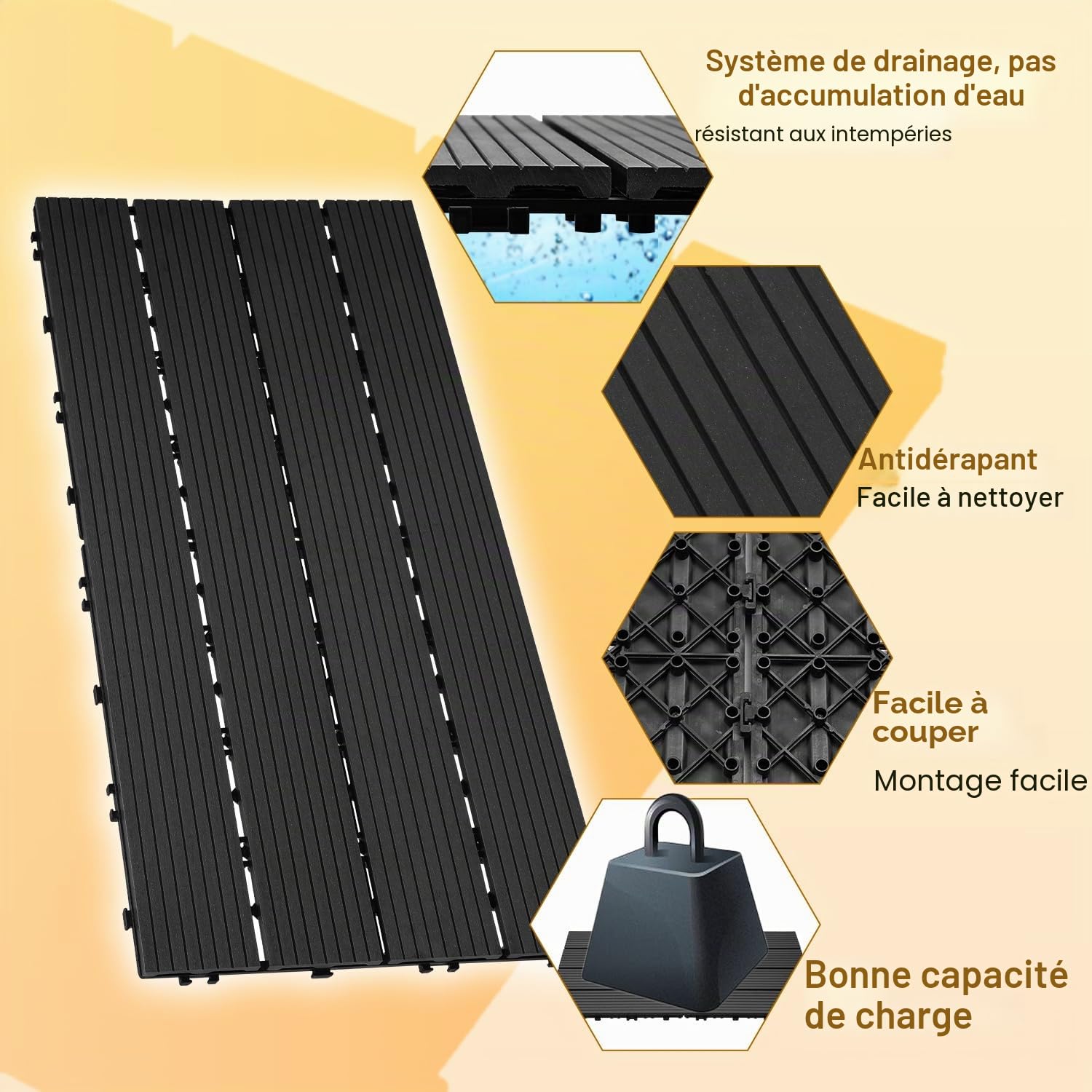 Gimisgu Dalles de Jardin clipsables en Bois Composite WPC, 30x60cm 24 Pièces par 4m² Dalle Jardin extérieur avec Système de Drainage, Système plug-in Facile à poser, Anthracite