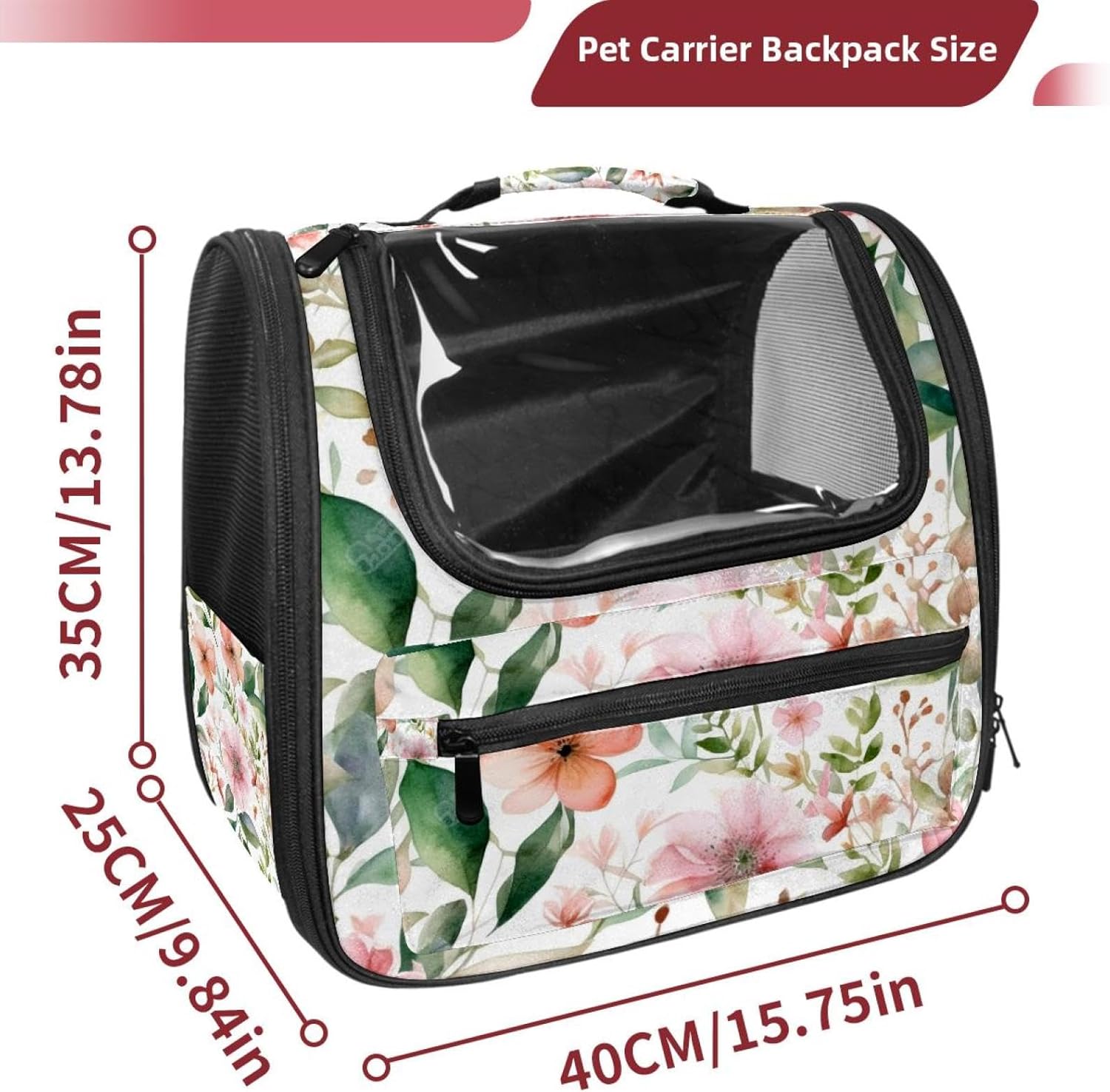 Pink Flowers with Leaves Pet Carrier Airline Approved Soft Sided Portable Cozy Travel Pet Bag, Car Seat Safe Carrier for Cats and Dogs