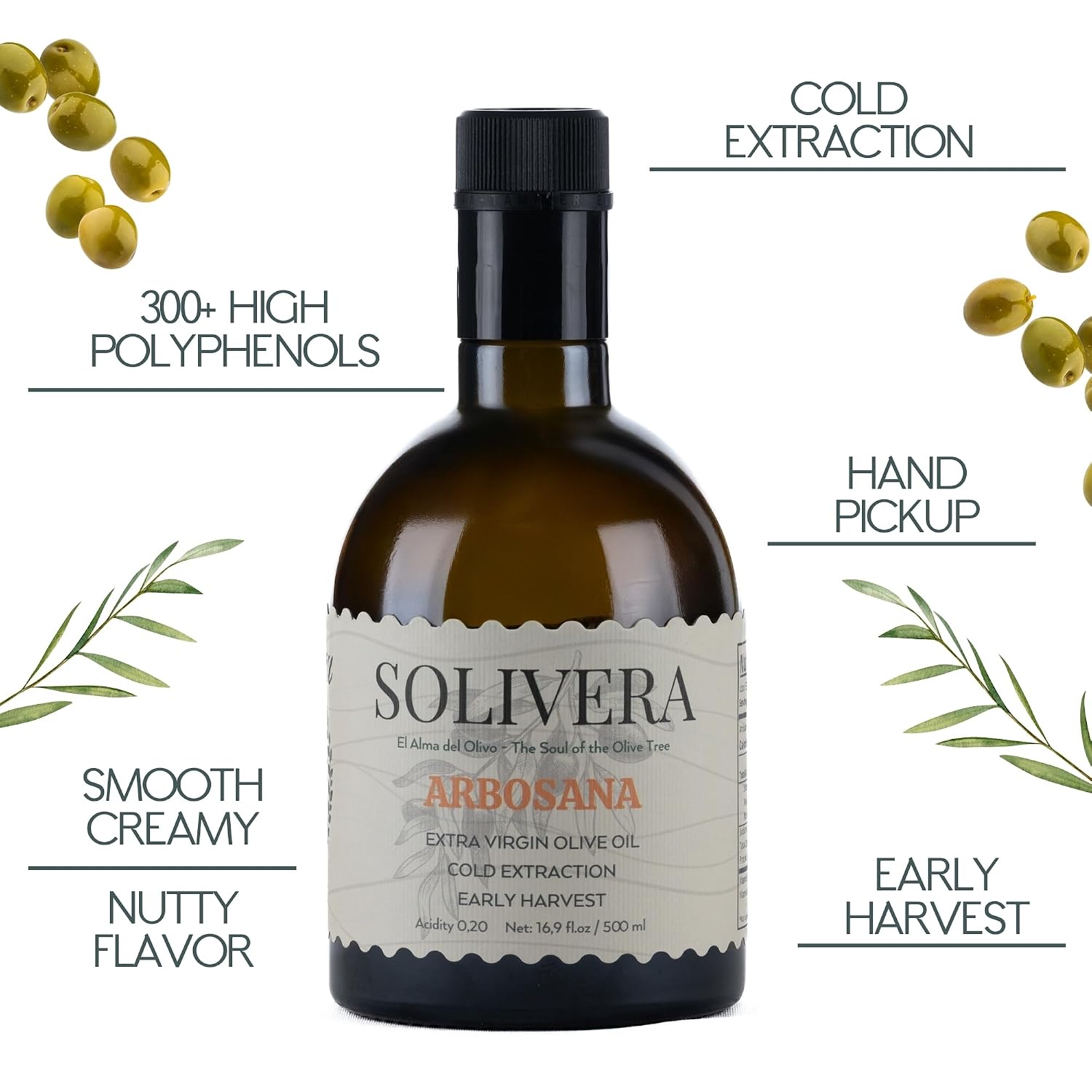 Solivera Arbosana Extra Virgin Olive Oil Cold Pressed 300+ High Polyphenols, Smooth Creamy & Nutty Flavor, Single-Origin Organic Olive Oil, Hand Picked Gourmet Oil - 16.8 fl. oz. (Arbosana)
