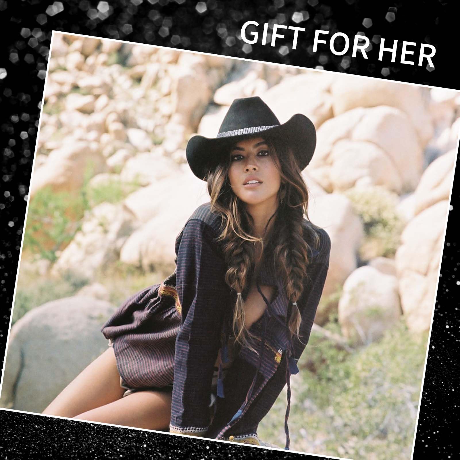 Chanaco Cappello da cowboy per donne e uomini, cappelli da cowboy neri per ragazze, cappello da cowgirl accessori per outfit western, cappelli classici in feltro country