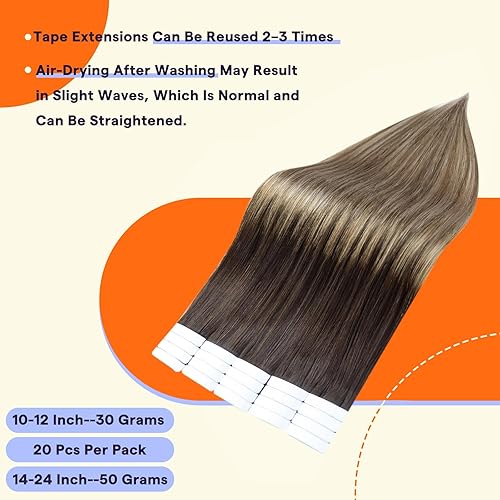 Miniatura 3 de Fshine Extensiones de cabello con cinta adhesiva de 22 pulgadas, extensiones de cabello real con raíces oscuras de degradado a marrón con reflejos