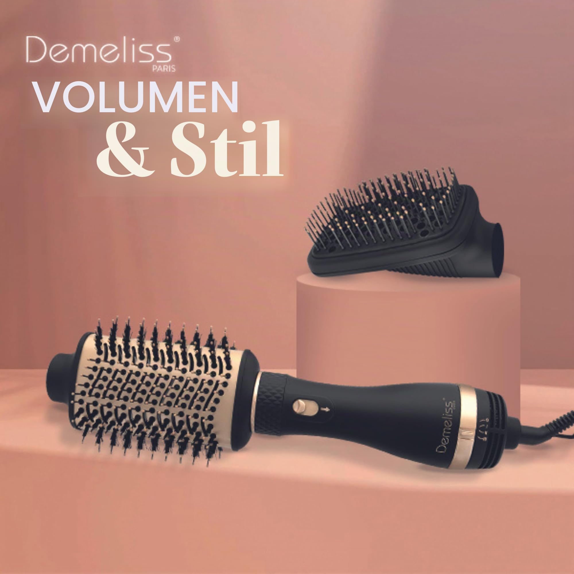 Demeliss SAINT ALGUE - 2 in 1 VOLUMEN & STIL - Trocknen & Stylen, Alle Haartypen - 2 austauschbare Bürstenköpfe - Keramik- & Turmalinbeschichtung - 3 Temperaturen.