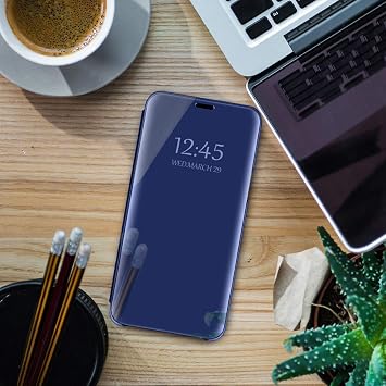 Migexxkj Samsung Galaxy A35対応 ケース フリップレザーカバー クリア S-View ミラー 耐衝撃カバー キックスタンド付き 傷防止 保護ケース Samsung A35 5G用ブルー
