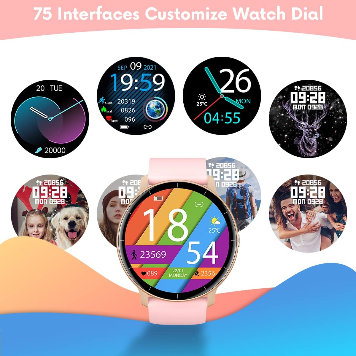 Various customizable watch faces for the TAOPON Smartwatch.