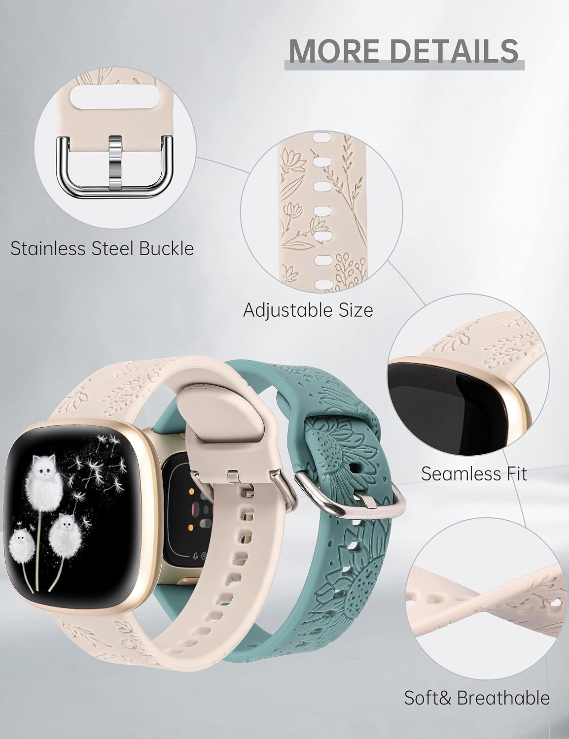 Minyee 2 Packs Floral Engraved Band Compatible with Fitbit Versa 4/Versa 3/Sense 2/Sense Band Women, Cute Silicone Dandelion Sunflower Design Soft Sport Fancy Summer Strap for Versa 4 image 4